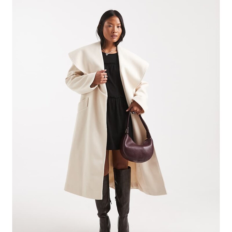 Miss Selfridge Petite formal wrap coat in cream-White