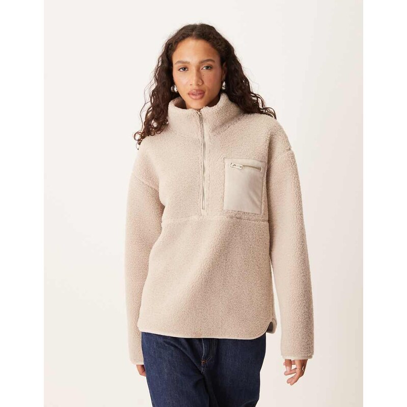 Threadbare borg 1/4 fleece with pocket detail in mushroom-White 108972575