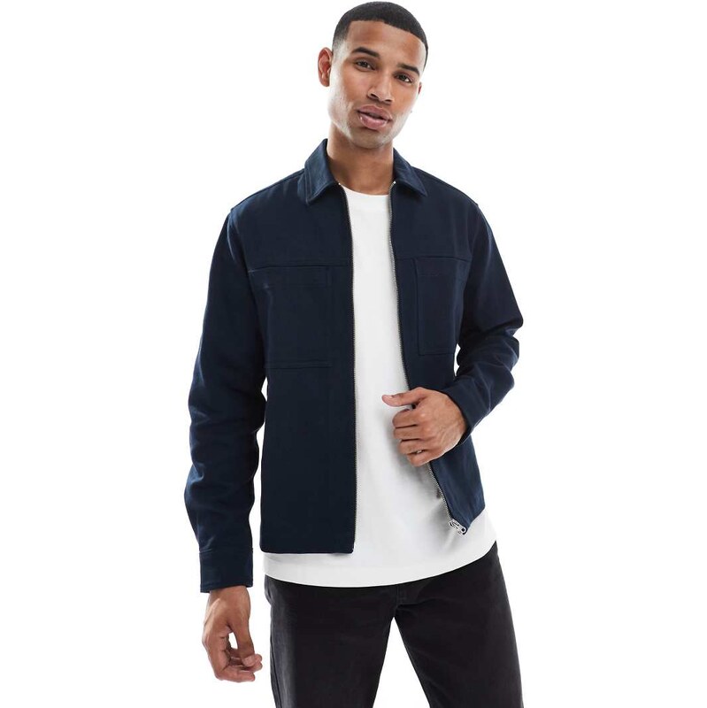 ASOS DESIGN zip through heavyweight twill overshirt in navy