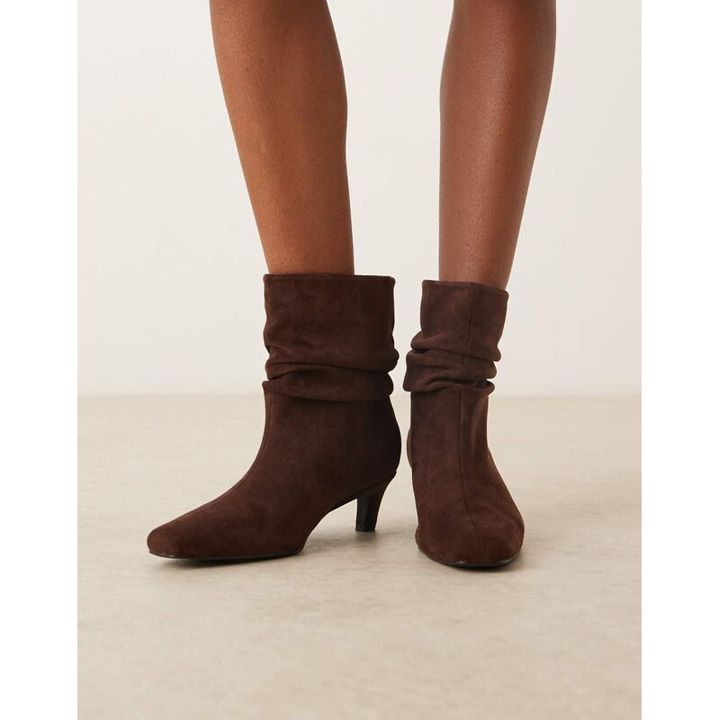 Glamorous kitten heel ruched mid ankle boots in brown micro