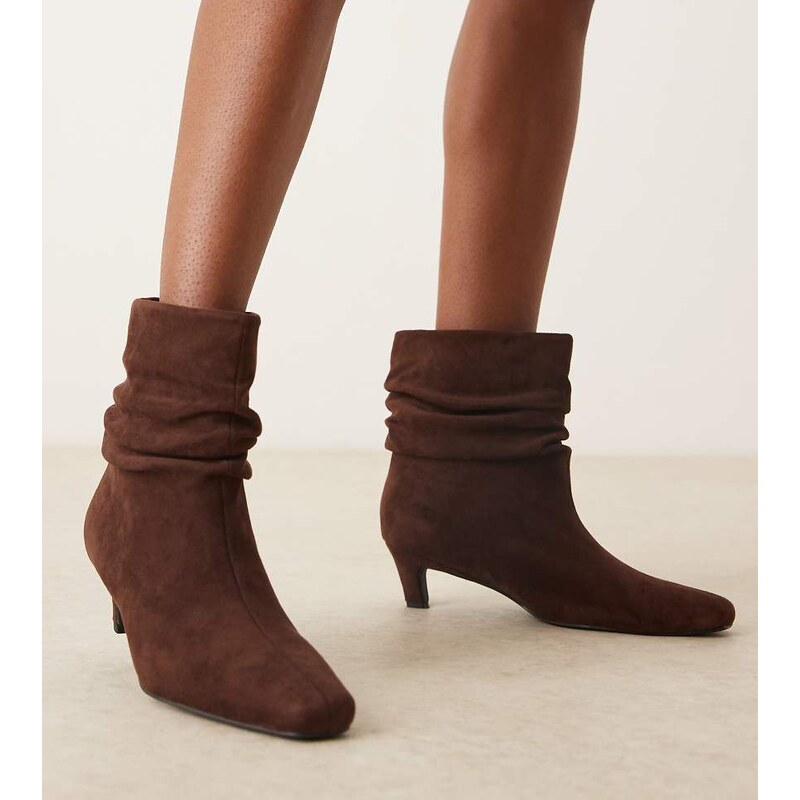 Glamorous Wide Fit kitten heel ruched mid ankle boots in brown