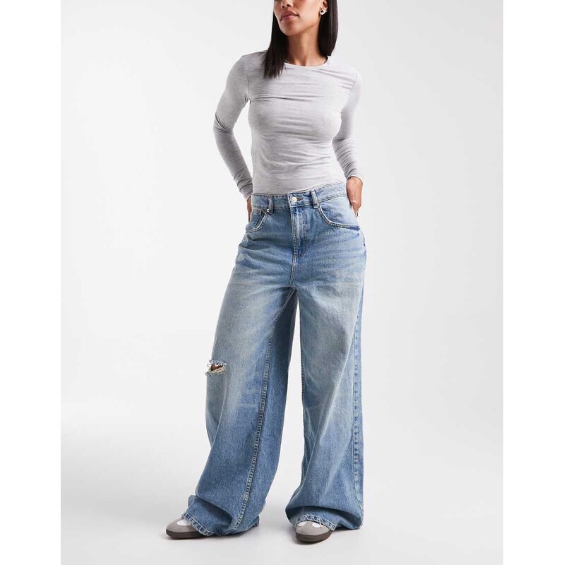 ASOS DESIGN high waisted wide leg jeans with cinch in pale