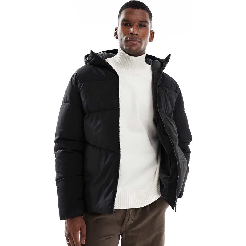 Jack & Jones hooded puffer jacket in black
