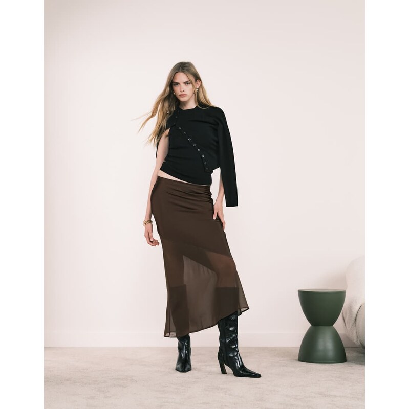 New Look satin and chiffon bias midi skirt in brown