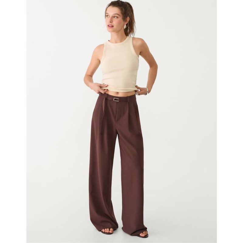 Stradivarius smart wide leg trousers with buckle detail in brown