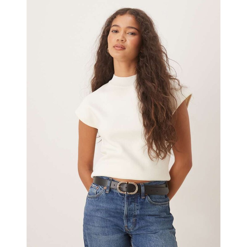 Mango knitted high neck cap sleeve top in cream-White 108372523