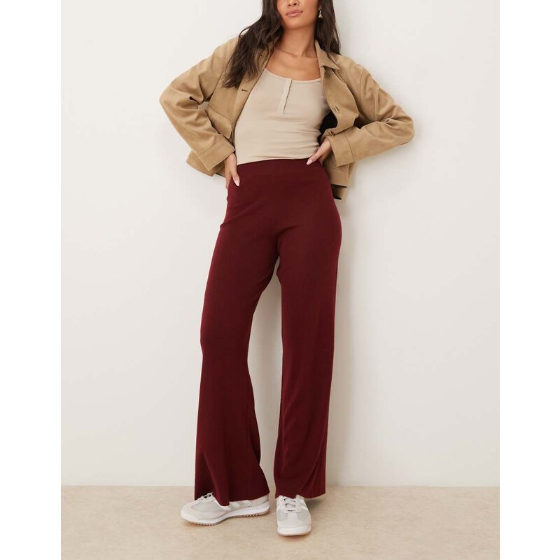 Mango knitted soft touch wide leg trousers in dark red 108372553
