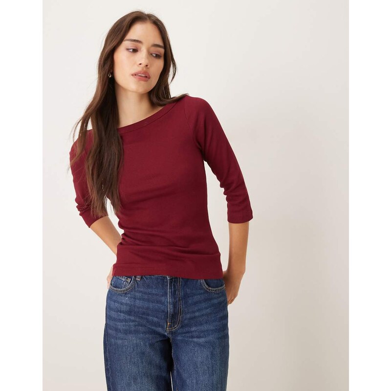 JJXX Fifi boat neck long sleeve t-shirt in burgundy-Red 108372663