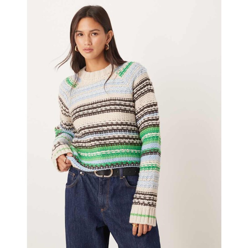 YAS wool mix knitted jumper in green and brown stripe-Multi