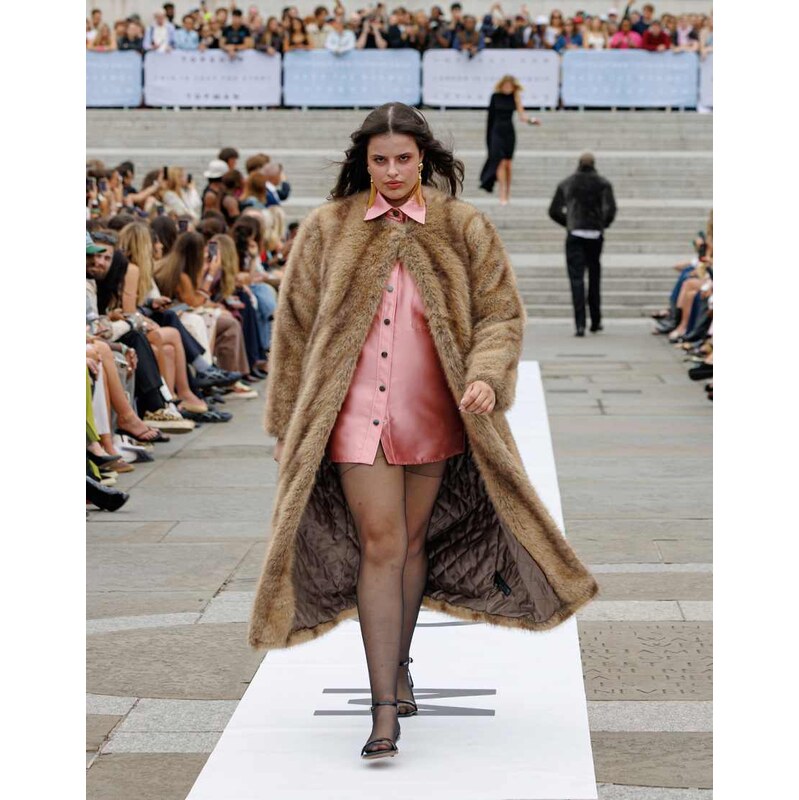 Topshop oversized faux fur collarless long coat in natural