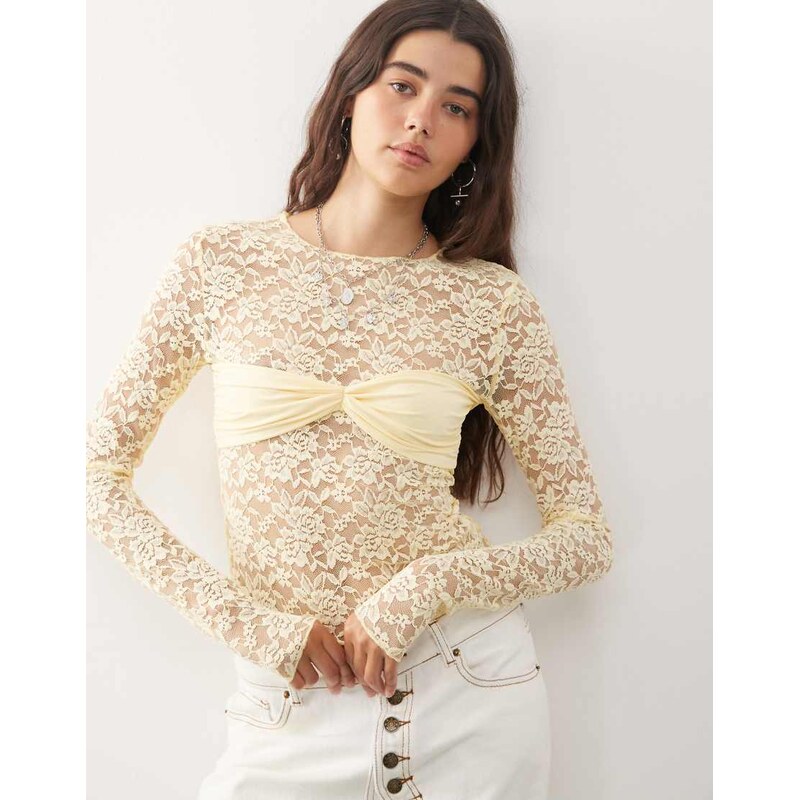 Lioness Midnight long sleeve sheer lace top in butter yellow 113263239