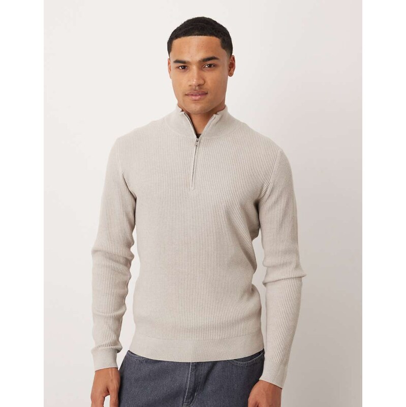 Mango cotton mix ribbed quarter zip in ecru-Neutral