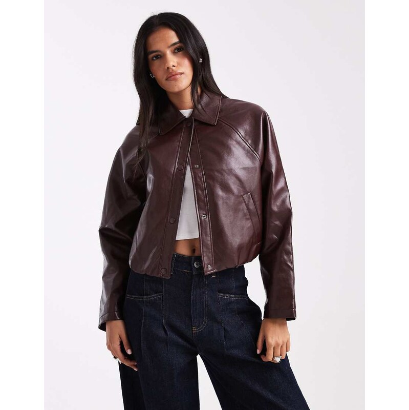 New Look bubble hem faux leather jacket in burgundy-Red