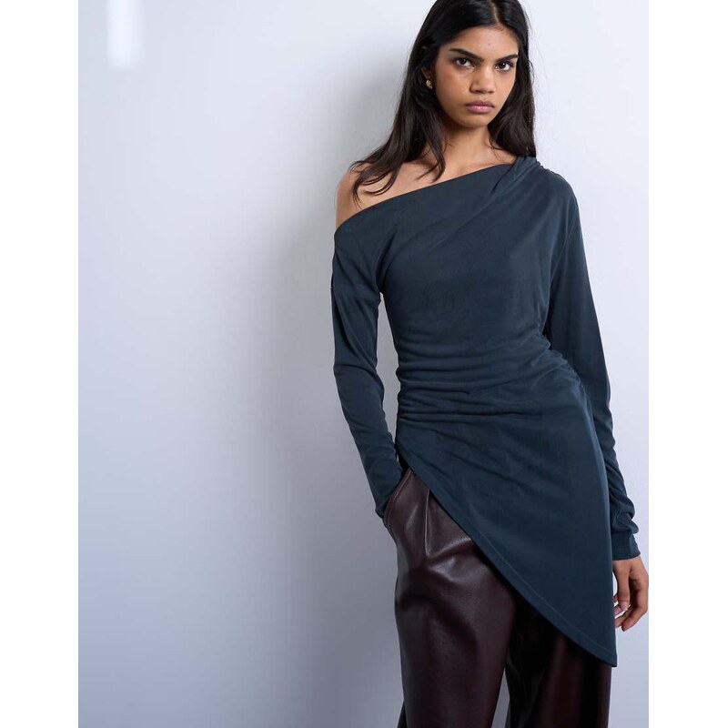 Topshop cupro off shoulder tunic long sleeve top in charcoal