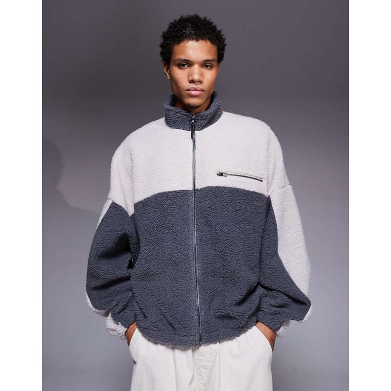 ASOS DESIGN relaxed funnel neck zip through borg sweatshirt in grey