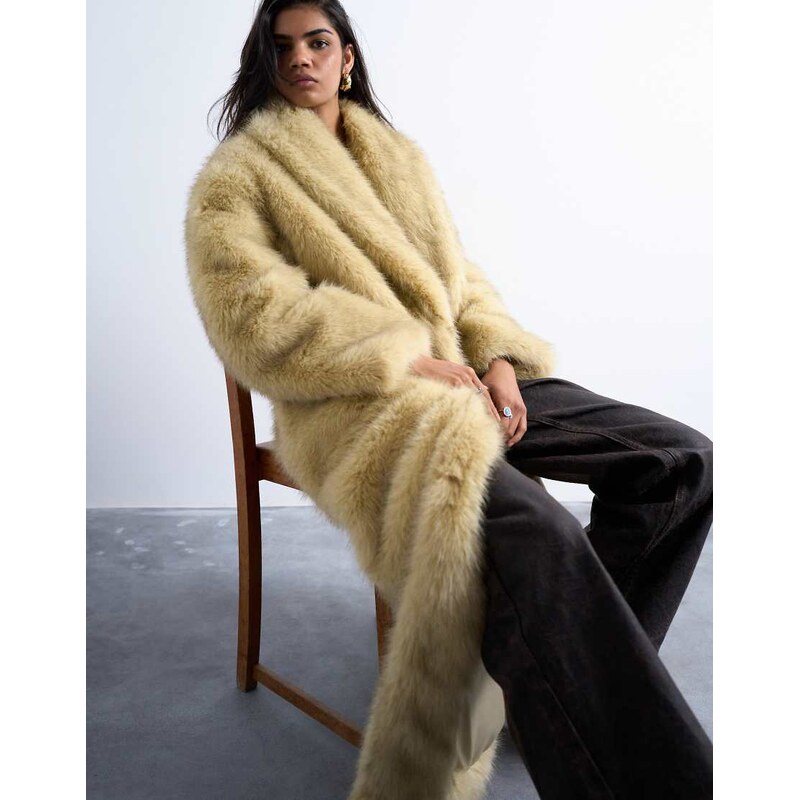 Topshop faux fur super long oversized shawl coat in buttermilk
