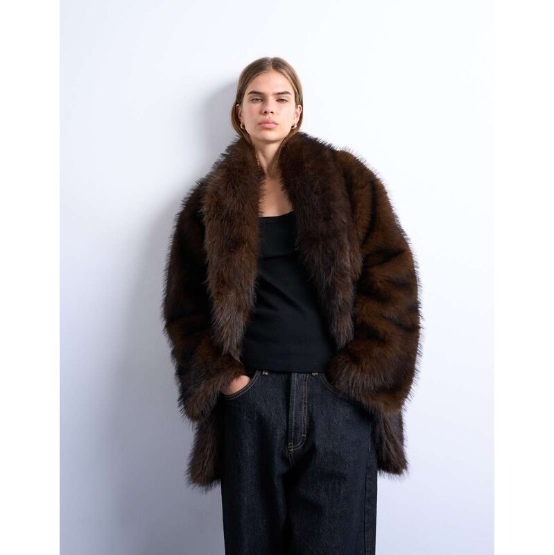 Topshop faux fur shawl mid length coat in chocolate-Brown