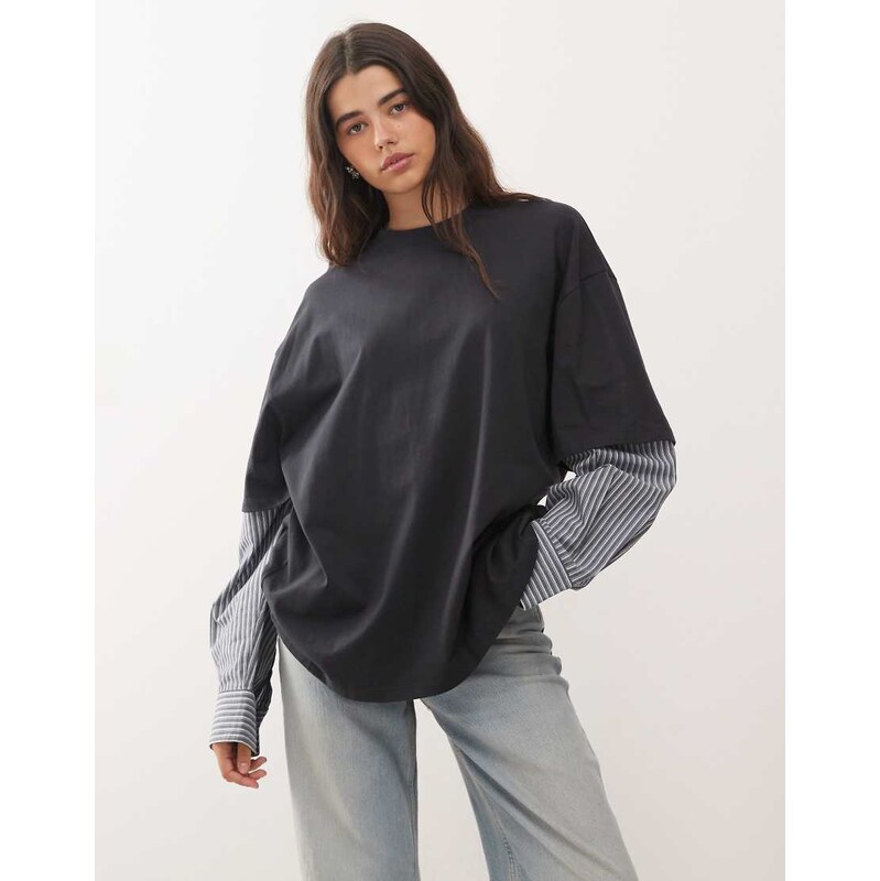 Lioness 2 in 1 oversized t-shirt overlay and striped long sleeve shirt 108381215