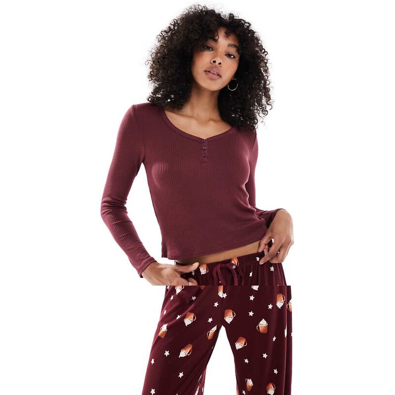 Loungeable henley and printed trouser pyjama set in spiced latte print 108536039