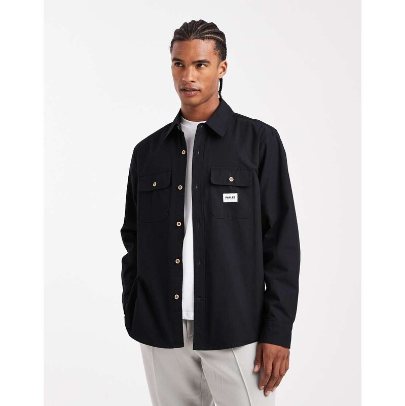 Parlez long sleeve boxy relaxed fit logo shirt in black