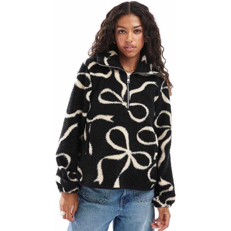 Threadbare 1/4 zip fleece with bow print in black-White 108469487
