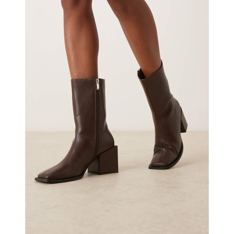 Glamorous block heel square toe boots in brown micro 110977944