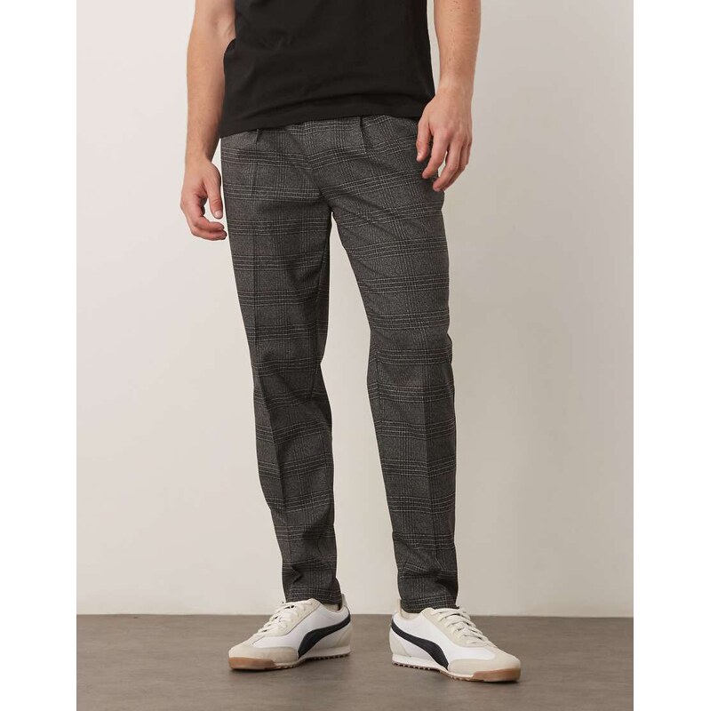 ASOS DESIGN smart tapered trousers in black check with front