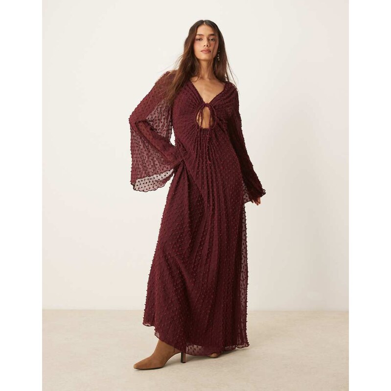 ASOS DESIGN dobby pleated midi dress with tie front in burgundy-Red 113260166