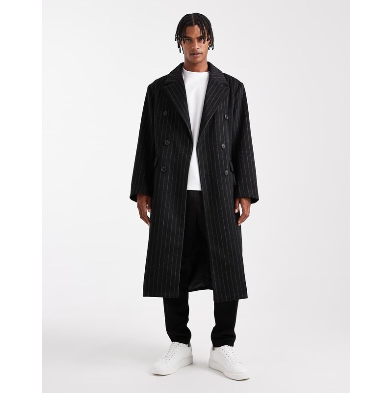 ASOS DESIGN pinstripe wool look oversized longline coat in black
