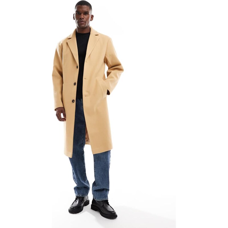 ASOS DESIGN wool look longline coat in camel-Neutral