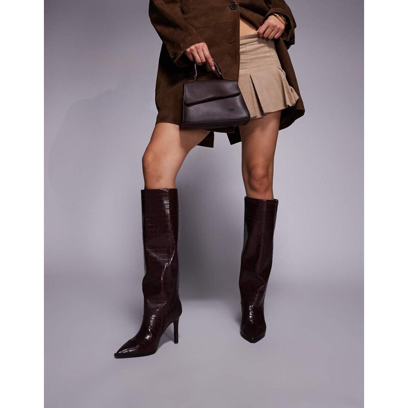 Forever New foldover knee high boots in wine croc-Red 108736190