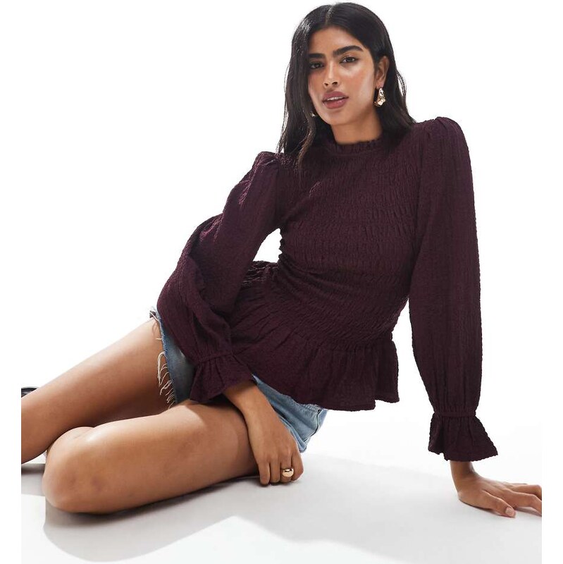 Wednesdays Girl shirred puff sleeve blouse in deep purple