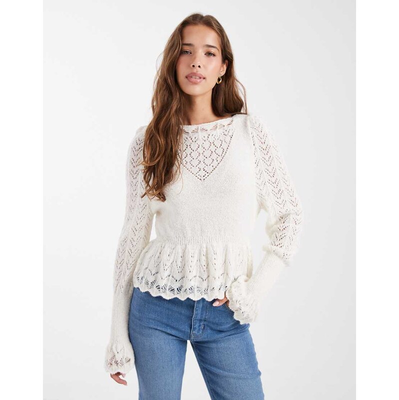 Miss Selfridge boho cutwork knit jumper in cream-White 112581060