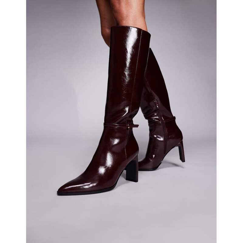 Forever New ankle strap knee high boots in burgundy-Red