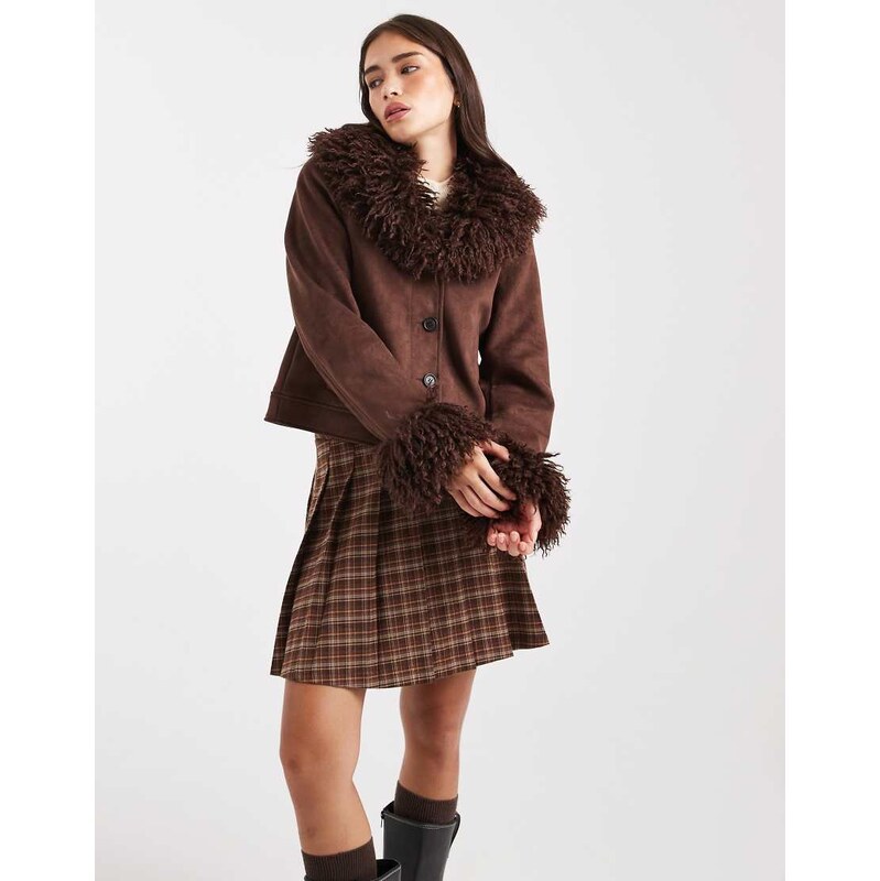 Miss Selfridge suedette faux mongolian fur collar crop jacket in