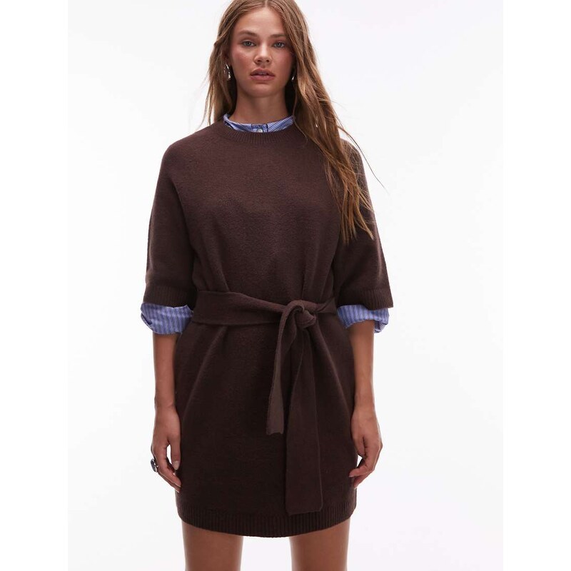 & Other Stories knitted belted mini dress with wide sleeves in brown 108520769