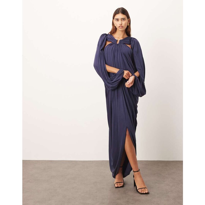 ARRANGE drape midi dress with balloon sleeve and hardware detail