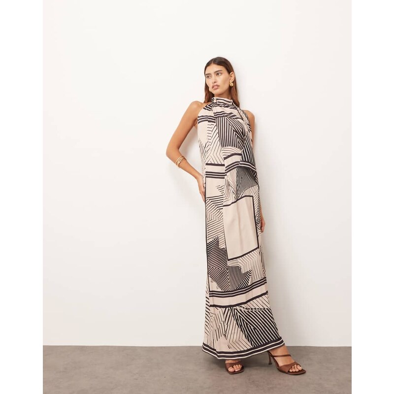 ARRANGE draped cowl halter maxi dress in scarf print-Multi 108392126