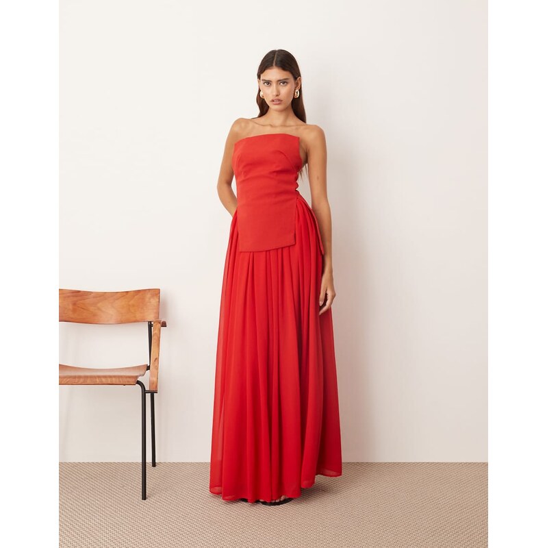 ARRANGE structured bandeau maxi dress with voluminous skirt in red 115539812