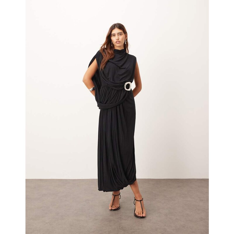 ARRANGE sleeveless draped hem midi dress with buckle trim detail in 108392132