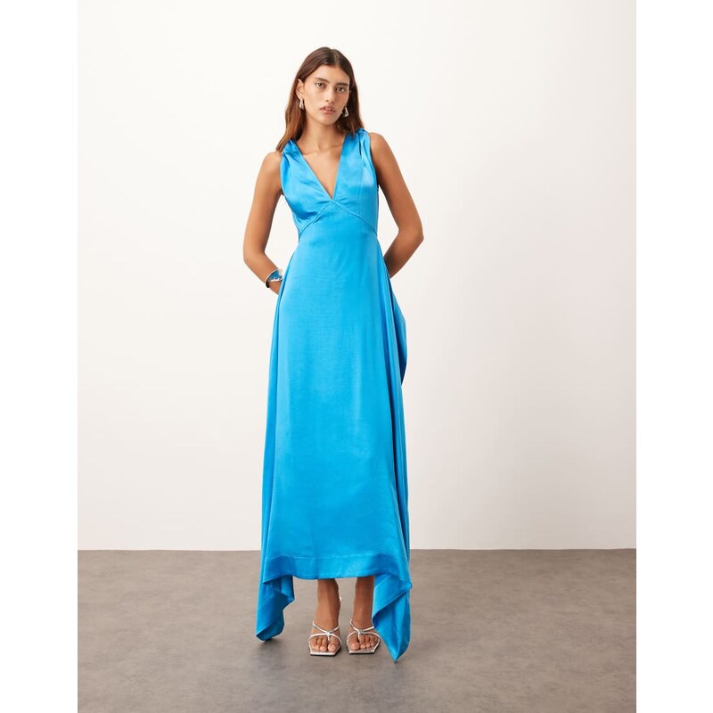 ARRANGE satin square cut maxi dress with twist shoulder in azure blue 115535378