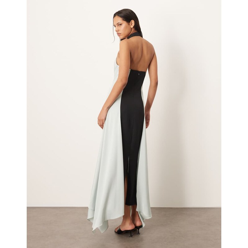 ARRANGE satin contrast back halter square cut maxi dress in ice blue 108404167