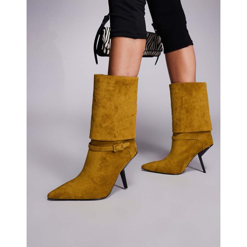 Azalea Wang Winding foldover heeled ankle boots in olive faux suede 110976673