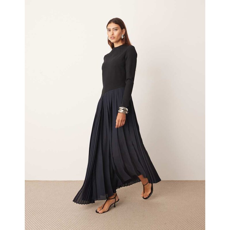 ARRANGE contrast fabric sculpted maxi dress with pleat skirt in navy 108404051