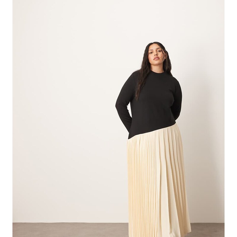 ARRANGE Curve contrast fabric sculpted maxi dress with pleat skirt in 108404166