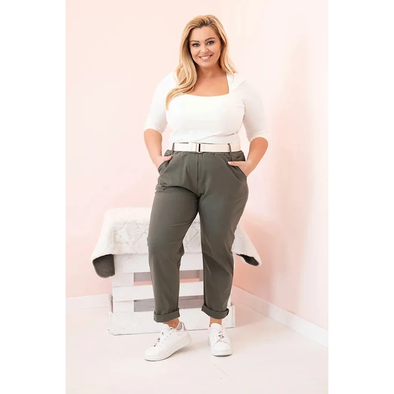 K-Fashion Dámské bavlněné kalhoty Plus Size s páskem khaki