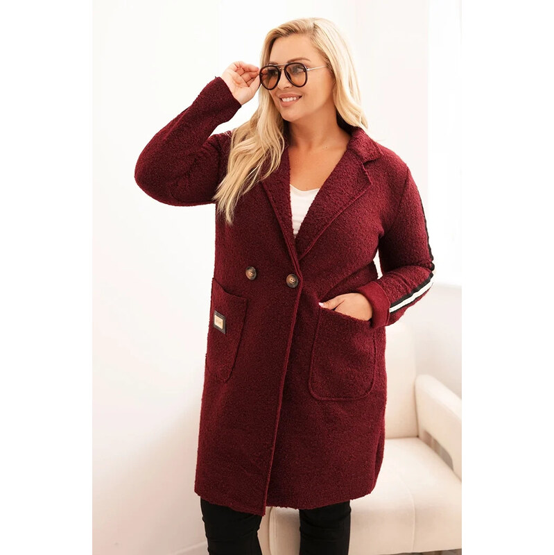 K-Fashion Dámský kabát Plus Size z umělé ovčí vlny s kapsami bordový 108402478