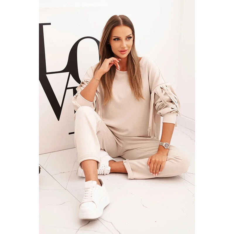 K-Fashion Dámská souprava máslová s třásněmi na rukávech béžová