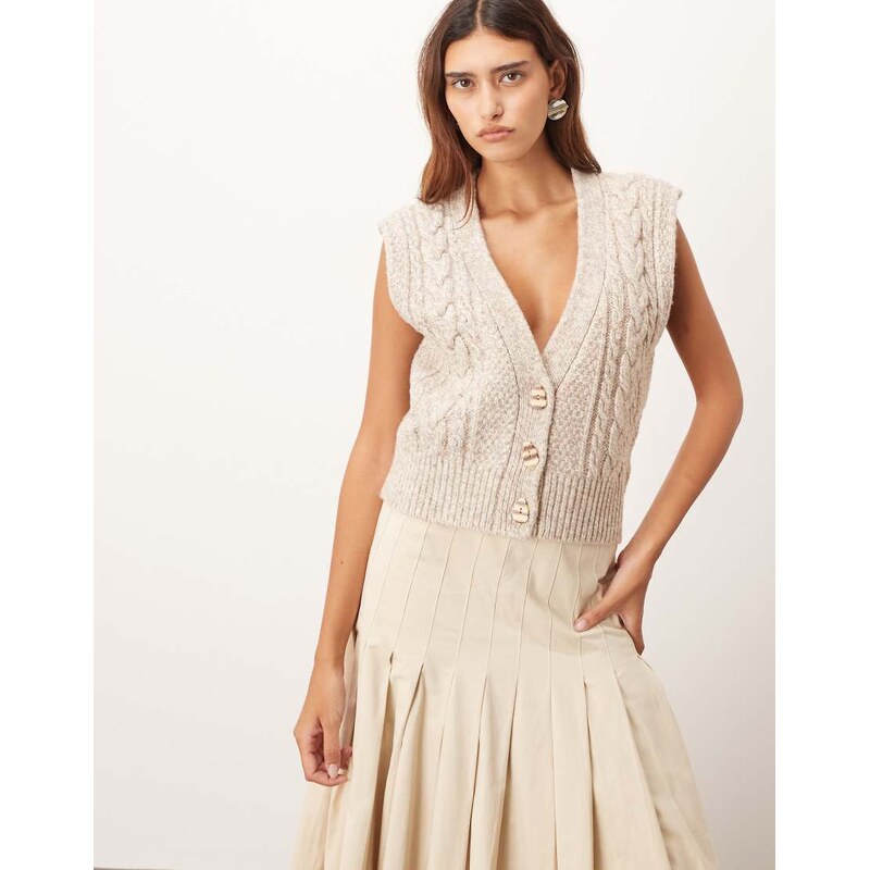 ARRANGE cable knit tank cardi in twisted yarn in brown-Multi