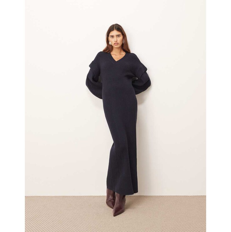 ARRANGE rib knit v neck maxi dress with shoulder detail in navy